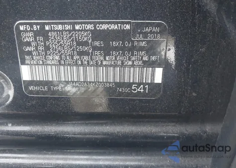 2019 Mitsubishi Outlander Es из США, поврежденный, VIN JA4AD2A34KZ003845